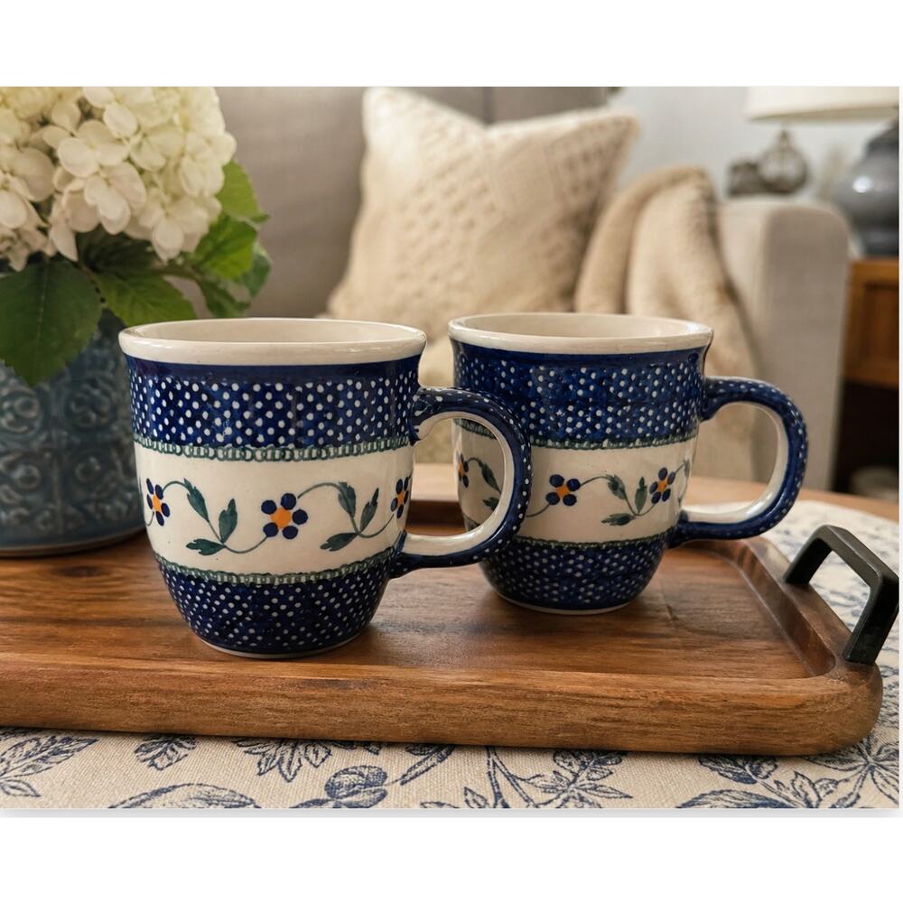Set of 2 Polish Pottery Coffee Mugs Boleslawiec Blue Floral Handmade